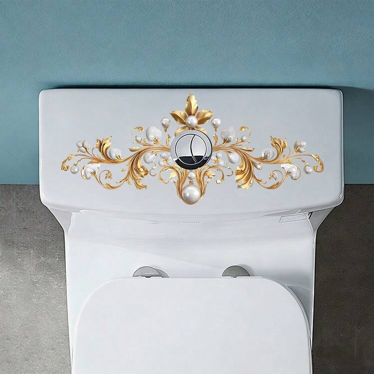 1 pièce Autocollant de toilette floral doré, papier vinyle imperméable et auto-adhésif, convient pour le couvercle de toilette de salle de bain, les meubles amovibles, les armoires et la décoration murale, belle décoration de pièce - Multicolore - Voir 8
