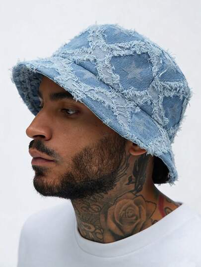 1 pieza Sombrero de cubo unisex, jacquard de estrella de cinco puntas, bordes deshilachados, protección solar, sombrero de cubo de estilo callejero vintage, adecuado para uso diario y festivales de música, diseño oversize