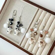 1 pieza Lindo llavero de gato de dibujos animados enamorado, colgante de teléfono con bola de peluche con corazón y cuentas - Multicolor - Ver 1