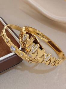 18K Gold Plated Stainless Steel Vintage Romantic Heart-Shaped Diamond Bangle Bracelet Set For Women Ladies, Summer Bohemia Beach Stainless Steel Jewelry, Vacation Season, Gifts For Mom, For Daily Party Dates Gala Wedding Valentine Anniversary Music Festival Christmas, Dates, Easter Day - Multicolor - View 2