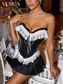 Vexica 女士法式波点性感蕾丝边荷叶边吊带背心，系带设计，适合毕业典礼和派对穿着 - 黑色 - 查看 3