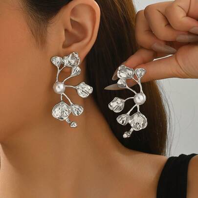 复古长款金叶耳环 极简主义夸张几何耳钉