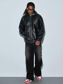 Modcrash 男士休闲宽松商务皮夹克，适合秋冬夏季穿着 - 黑色 - 查看 1