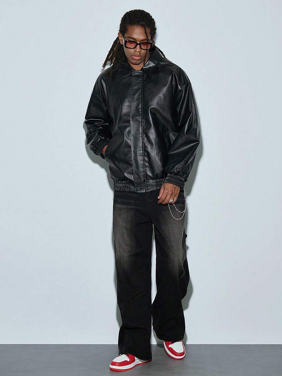 Modcrash 男士休闲宽松商务皮夹克，适合秋冬夏季穿着 - 黑色 - 查看 1