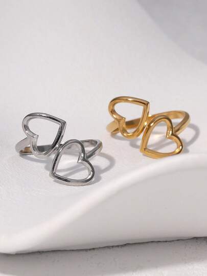 1pc Fashionable Sweet & Cute Minimalist INS Chic Plated Gold Stainless Steel Heart Shaped Open Ring, Suitable For Women's Daily, Party, And Date Wear