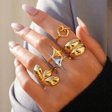 4pcs/Set Punk Retro Y2K Style Cross Star, Hollow Heart Open Ring, Thick Open Ring, Vintage 18K Gold Stainless Steel Rings For Women, Elegant Personalized Accessories, Suitable For Daily Wear, Holiday Gift - Multicolor - View 10