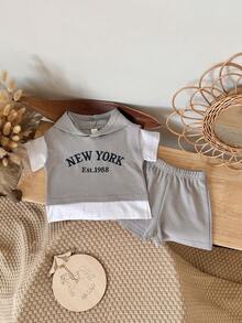 2pcs/Set Toddler Baby Boy Cool Letter Embroidery Grey Hooded Short Sleeve Top And Shorts Set, Spring/Summer - Grey - View 6