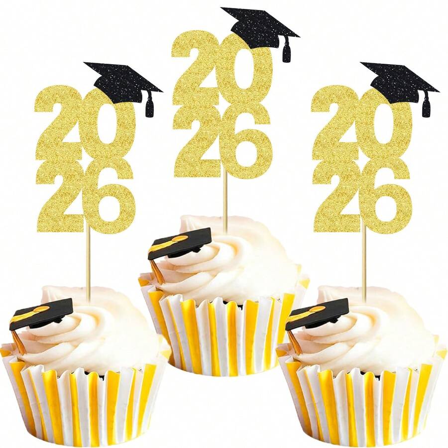 12/24pcs Glitter 2025 Graduation Cap Cupcake Toppers, 2025 Graduation Cap Cupcake Picks, Suitable For 2025 Graduation Theme Party Cake Decorations - Multicolor - View 1