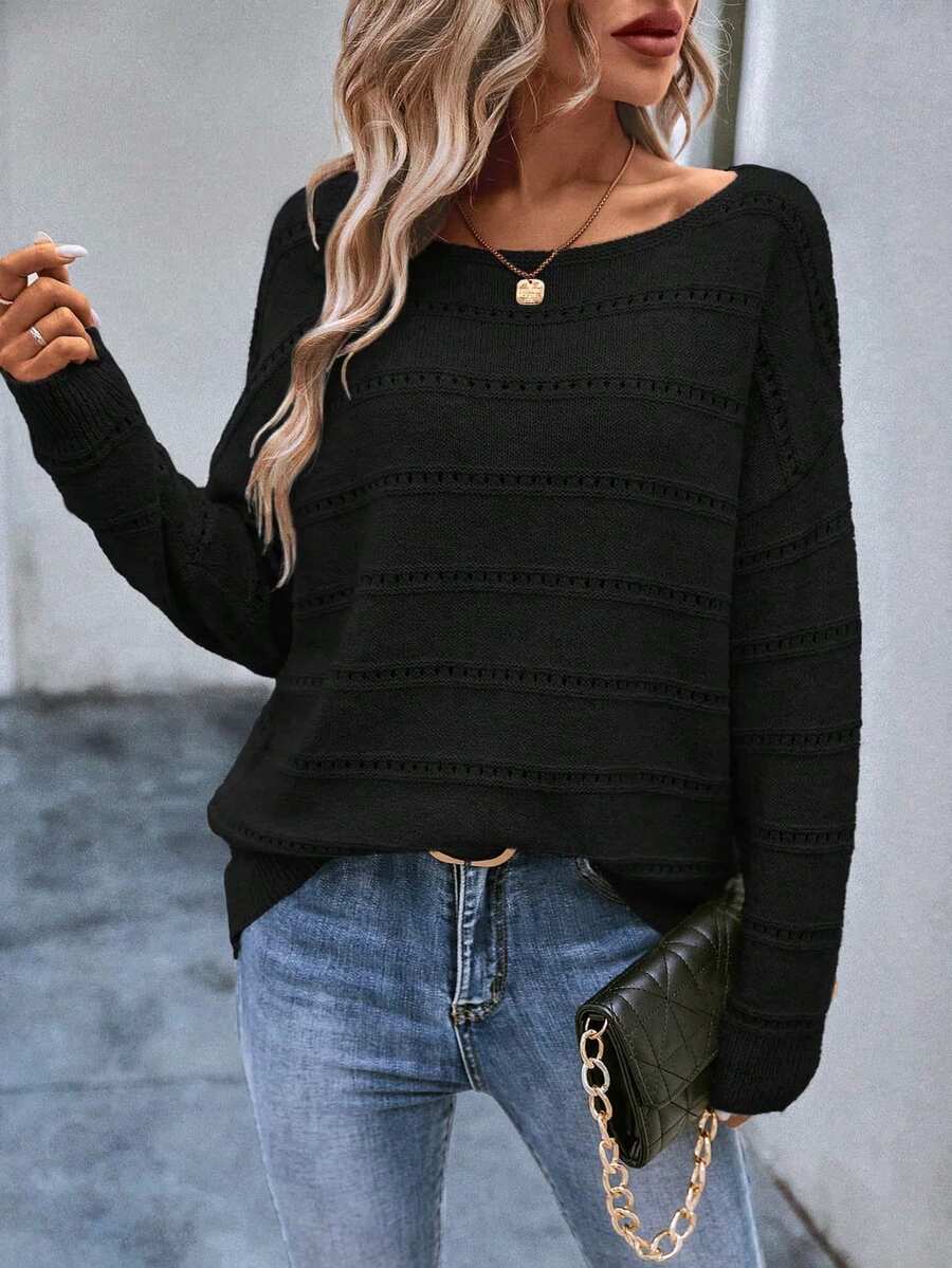 Spring Women's Sweaters, Relaxed Silhouette, Unique Hollow-Out Striped Accents, Soft Wearing Feel, Perfect To Pair With Skirts & Jeans, Fit For Daily Life, Weekend Trips & Casual Occasions, Essential Spring Wear For Ladies  Women Sports Sweater Co-Ords - 黑色 - 查看 1