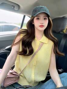 Alicedudu Áo polo tay ngắn cổ bẻ phối màu tương phản, kiểu dáng thường ngày dành cho nữ, thích hợp cho mùa hè. - Màu vàng - Xem 3