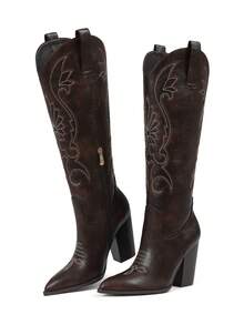 Embroidered Knee High Cowboy Boots For Women Pointed Toe Chunky Block High Heels Pull-On Wide Calf Western Cowgirl Boots - 朱古力 - 查看 1
