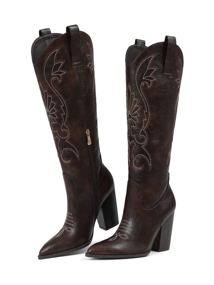 Embroidered Knee High Cowboy Boots For Women Pointed Toe Chunky Block High Heels Pull-On Wide Calf Western Cowgirl Boots - 朱古力 - 查看 1