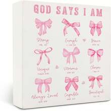 1pc 5*5inch(12.4*12.4cm) Coquette Pink Bow Christian Bathroom Wooden Signs,Coquette Room Decor,Pink God Says I Am Wooden Box Sign,Preppy Bow Bible Verse Decor For Girls Room Bedroom Desk Shelf Tabletop 5x5 Inches - 1PC - 查看 1