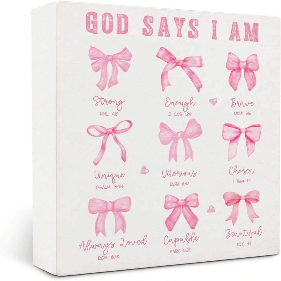 1pc 5*5inch(12.4*12.4cm) Coquette Pink Bow Christian Bathroom Wooden Signs,Coquette Room Decor,Pink God Says I Am Wooden Box Sign,Preppy Bow Bible Verse Decor For Girls Room Bedroom Desk Shelf Tabletop 5x5 Inches - 1PC - 查看 1