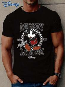 Disney 1pc Men's Mickey Mouse Cartoon Graphic Print Short Sleeve T-Shirt, Round Neck, Stretchy, Suitable For Everyday Wear, Easy Care, Fashionable Casual Men's T-Shirt - 黑色 - 查看 3