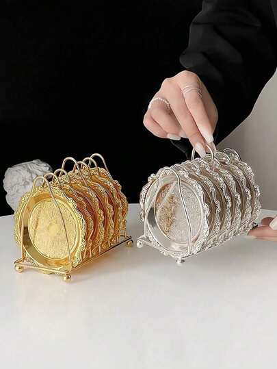 7pcs (6 Coasters + 1 Holder) Vintage European Palace Style Coasters, High-Quality Stainless Steel Heat Insulation Coasters With Holder For Coffee/Tea Cups