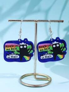 1 par de pendientes colgantes de acrílico con eslogan en inglés de gato arcoíris lindo y creativo, versátil para uso diario, fiesta y vacaciones - Multicolor - Ver 4