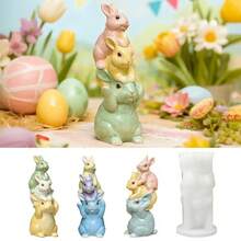 1pc Easter Stackable Rabbit Figurine, Gypsum Mold DIY Rabbit Candle Silicone Mold - White - View 1