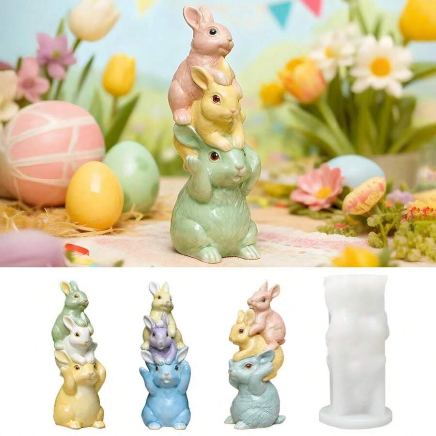 1pc Easter Stackable Rabbit Figurine, Gypsum Mold DIY Rabbit Candle Silicone Mold - White - View 1