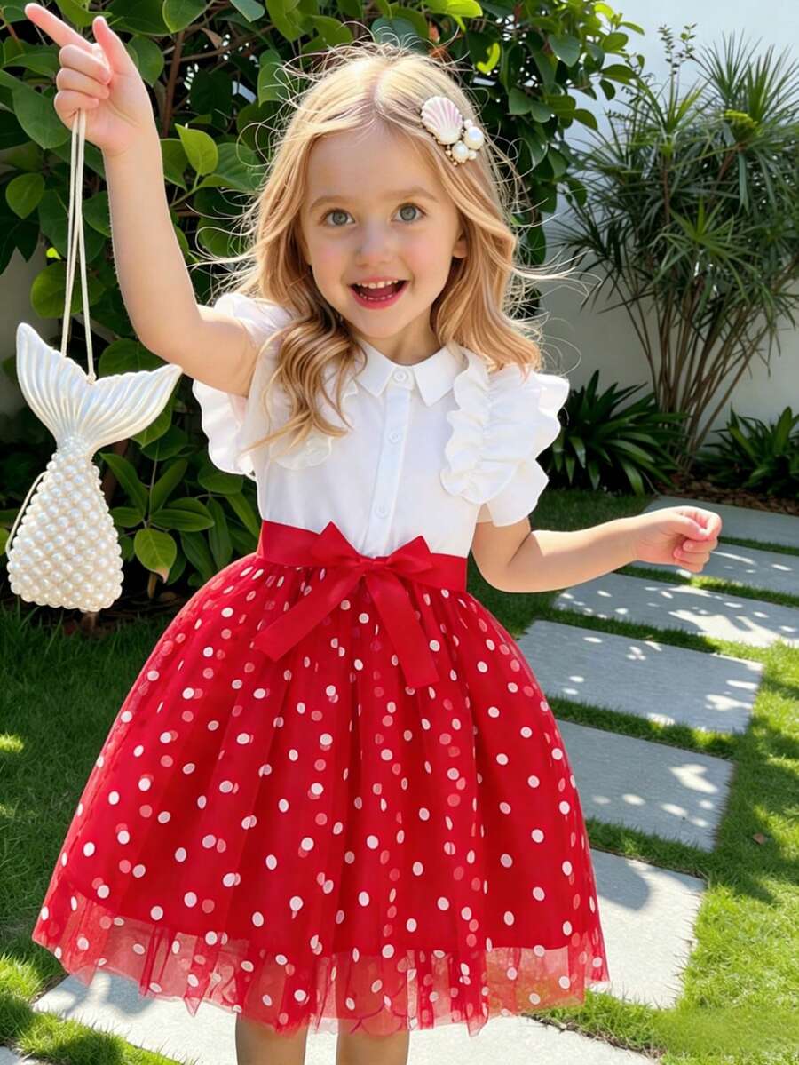 Girls Sleeveless Dress, Red & White Color Block Frill Trim Shirt Collar Mesh Skirt Cute Princess Dress, Summer - Red - View 1