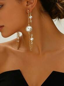 1 Pair Luxury Faux Pearl Crystal Tassel Earrings, Elegant Long Dangle Earrings For Party & Date - Golden Yellow+White - View 2