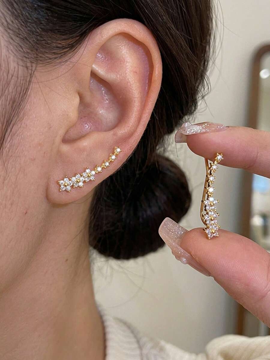 1 Pair Zirconia Earrings Gift For Friends - Round Cut Transparent White Diamond Inlaid Zirconia Jewelry, Office/Commute Work Anniversary Gift, Face-Slimming - Multicolor - View 1
