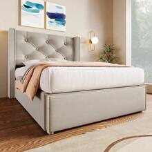 Upholstered Hydraulic Single Bed 90x200cm, Metal Slatted Base, Modern Bed Frame With Storage Space, Cotton, Light Grey - Apricot - View 6