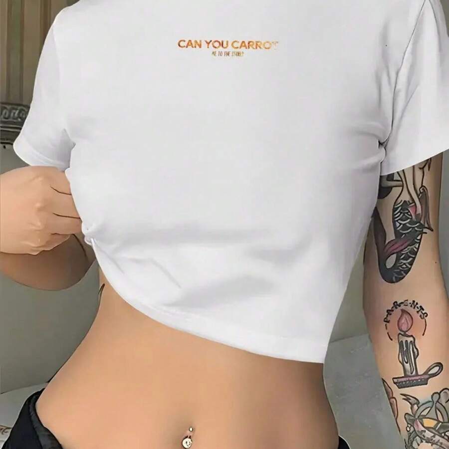 Camiseta Corta Ajustada Y Sexy Camiseta Elástica Y Transpirable Estilo Y2K De Manga Corta Y Cuello Redondo Con Estampado Geométrico Ropa Ligera Casual Y Formal Camiseta Versátil Para Todas Las Estaciones Camisetas Para Damas Moda Diaria Top De Moda Material Cómodo - 白色 - 查看 1