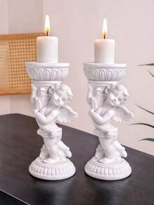 1/2pcs European Retro Angel Candle Holder, Romantic Resin Pillar Candle Stand For Candlelight Dinner, Valentine's Day Gift And Wedding Decor - Multicolor - View 2