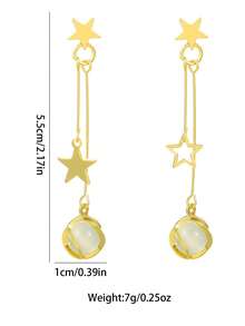 1对简约仿猫眼石流苏耳夹，优雅星形吊坠耳环，适合无耳洞人士佩戴 - clip - 查看 3