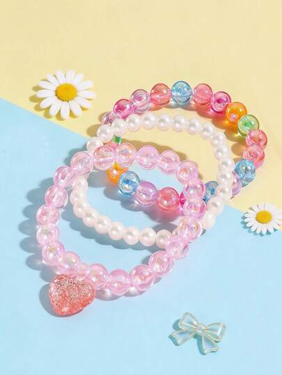 3pcs/Set Girls Pink Heart Pendant Bracelet Set, Multicolor Beaded Bracelets, Suitable For Girls Daily Wear, Birthday Party Jewelry Gift