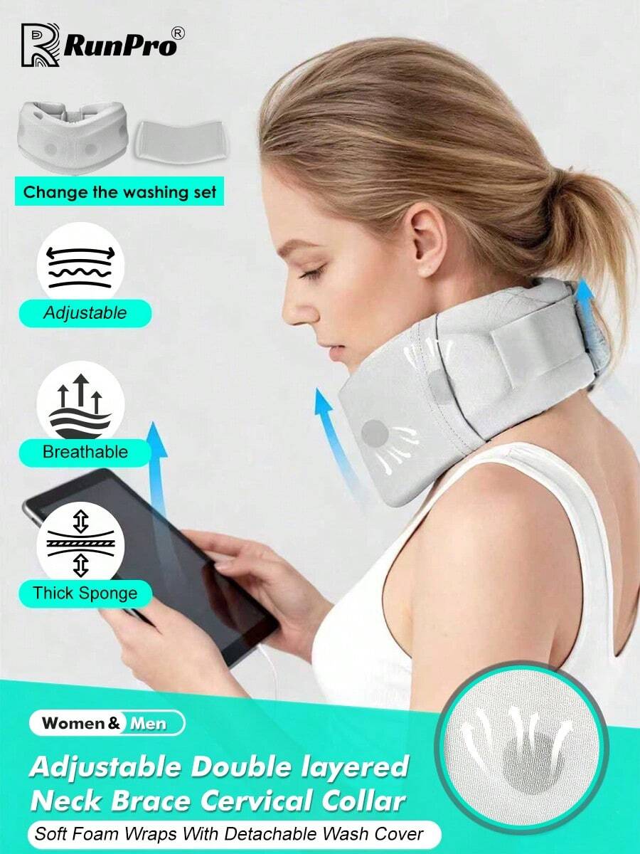 RPPR 1pc Adjustable Double-Layer Breathable Cervical Collar, Soft Foam Padded Removable Cover, Suitable For Night, Daily Life, Travel, Driving, Fits Neck Circumference 30-40cm, Grey - Grey - View 1