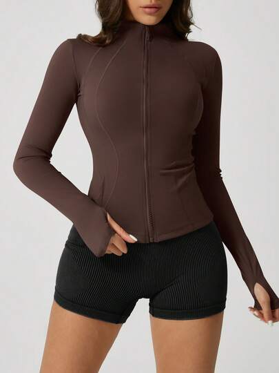 1pc Women's Fishbone Line Black Sports Jacket, Elastic Fitted Yoga Coat