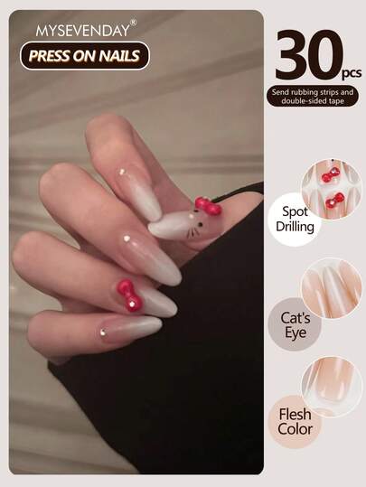 30 piezas Pegatinas de uñas con decoración de mariposas rojas de cristal de imitación en forma de lágrima, diseño de gato de dibujos animados que cubre toda la uña, incluye pegamento de gelatina y lima de uñas, adecuado para fiestas y uso diario, reutilizable, puede realzar su elegancia
