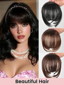 人造水钻发箍刘海接发假发，两侧较长，适合女性，自然黑色棕色刘海 - 彩色 - 查看 3