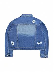 Plus Size Women Long Sleeve Pocket Button Vacation Distressed Denim Jacket Casual Spring - Medium Wash - View 8
