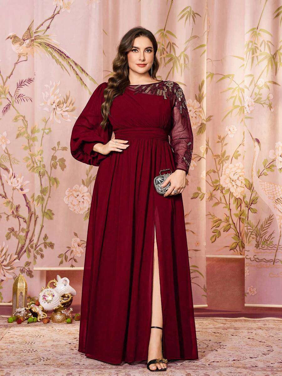 SUPGIR Plus Size Asymmetrical Long Sleeve Sequin Embroidered Patchwork Cinched Waist Elegant Evening Gown Spring - Burgundy - View 1