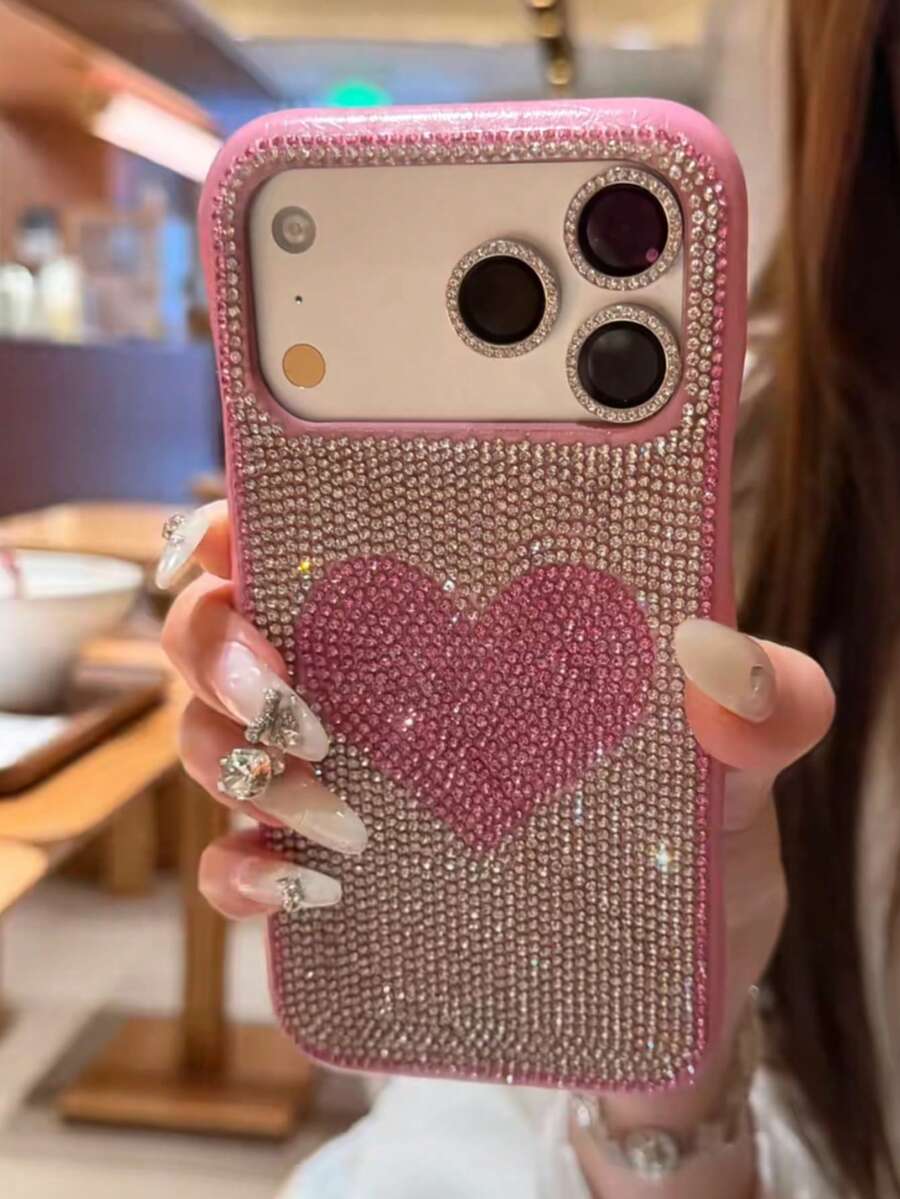 Funda de teléfono con patrón de corazón rosa, con strass en forma de corazón, compatible con iPhone 14/17 Pro/17 Pro Max, estilo de chica de moda, cubierta protectora para primavera y cumpleaños - Fondo plateado con corazón rosa. - Ver 1