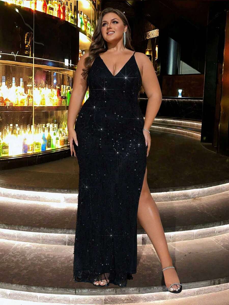 CHOSMO 圣诞流苏吊带露背高腰侧开衩亮片长裙，优雅修身晚礼服，约会之夜礼服，精致正式礼服，女士舞会礼服 - 黑色 - 查看 1