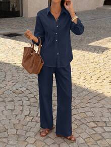 PoPoHouse 女士两件套 - 纯色棉质休闲优雅长袖衬衫搭配宽松阔腿裤，适合通勤、休闲旅行、情人节、春夏日常穿着 - 藏蓝色 - 查看 11