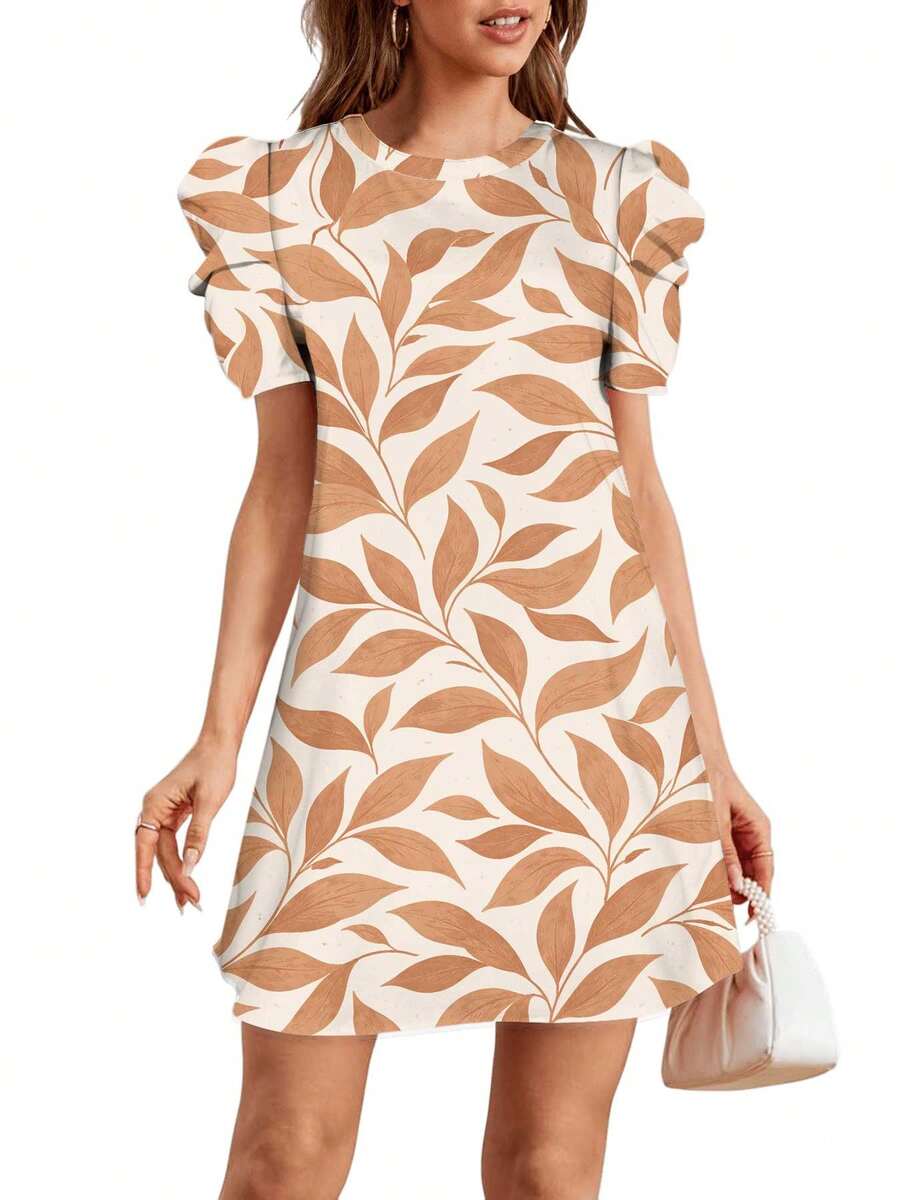 Leafy Branches On Cream Background Pattern Summer Dresses For Women Casual Petal Sleeve Swing Vacation Dress - Nhiều màu - Xem 1
