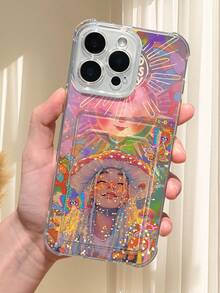 1PC Diseño artístico y onírico con chica de setas, sol y mariposas en estilo bohemio psicodélico: Funda transparente tipo billetera, protección completa para la cámara, compatible con iPhone 17/16/15/14/13/12/11/Pro/ProMax, compatible con Galaxy A54/S24 Ultra/Plus, compatible con Moto/Galaxy/Redmi/Honor/OPPO, a prueba de golpes y almacenamiento, diseño minimalista - transparente - Ver 4
