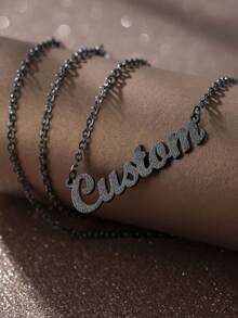 Custom Shiny Frosted Name Necklace Women Personalized Charm Classic Letter Clavicle Necklace Stainless Steel Gold Cursive Name Handmade Pendant Nameplate Jewelry Christmas New Year Gift - Black - View 6