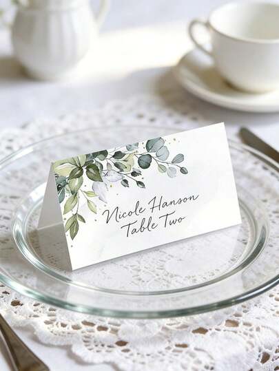 50 szt. akwarelowych zielonych kartek na miejsca na wesele lub przyjęcie, z motywem roślinnym, składane, wstępnie wycięte, wymiary 3,54" x 3,93", idealne jako prezenty i dekoracje na jesienne okazje, takie jak Halloween, Święto Dziękczynienia, Święto Plonów, dekoracja stołu jadalnego, dekoracja imprez, dekoracja stołu na przyjęcie domowe, dekoracja stołu na przyjęcie świąteczne, dekoracja stołu na specjalne okazje, dekoracja stołu na święta