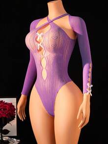 Bộ đồ lót xuyên thấu 2 món dành cho nữ, gồm áo liền thân cổ yếm thắt nơ và áo tay dài, kiểu dáng gợi cảm, thích hợp cho hộp đêm. - Màu tím - Xem 3