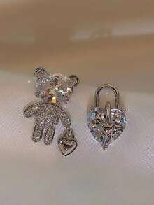 1 Pair Fashionable & Delicate Asymmetric Bear Heart Design Earrings, Suitable For Daily Wear Jewelry - Silver - View 3