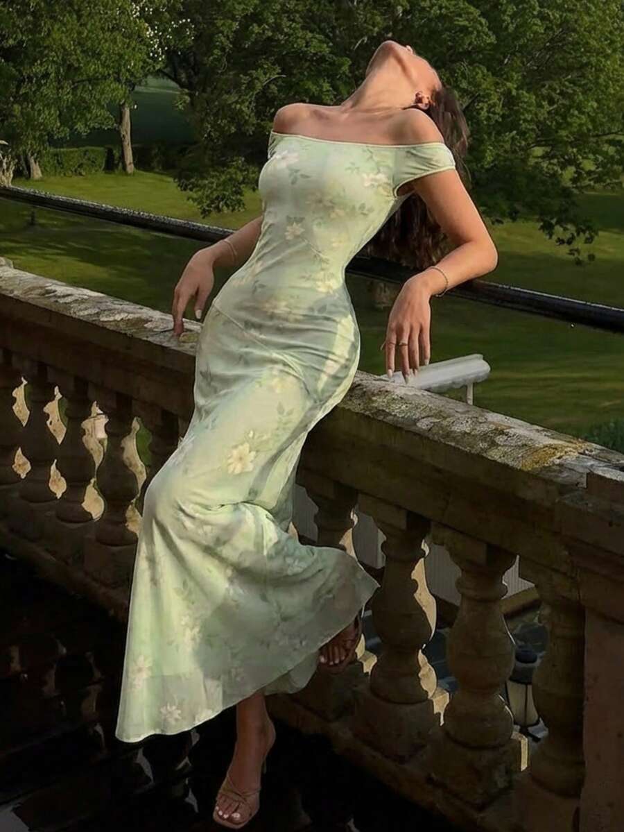 女士优雅浅绿色碎花露肩荷叶边修身连衣裙，时尚无袖夏季连衣裙，浪漫河畔野餐装扮 - 橄欖綠 - 查看 1