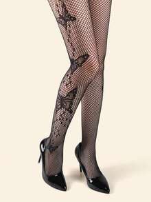 Hollow-Out Butterfly-Patterned Tight-Fitting Fishnet Stockings, A Stylish Party/Prom Outfit. - 黑色 - 查看 1