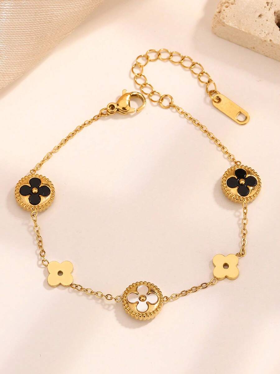 1条不锈钢幸运四叶草手链，轻巧别致设计，不褪色饰品，女士幸运手链 - 幸運花手鍊 - 查看 1