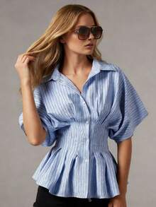 Women's Striped Peplum Blouse Button Down Collared Short Puff Sleeve Cinched Waist Shirt For Casual - 藍色 - 查看 3